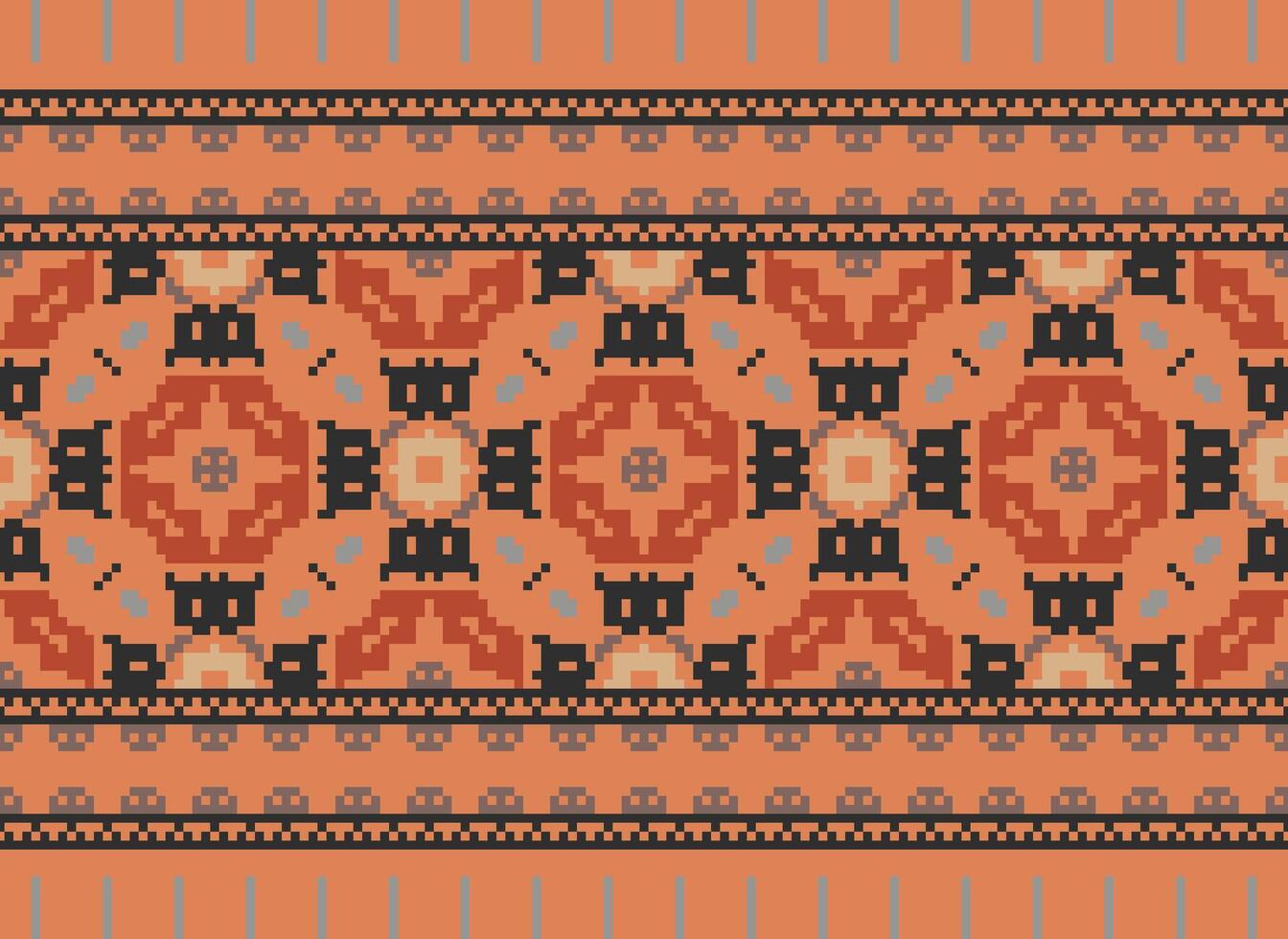 Pixel vintages cross stitch traditional ethnic pattern paisley flower Ikat background abstract Aztec African Indonesian Indian seamless pattern for fabric print cloth dress carpet curtains and sarong vector