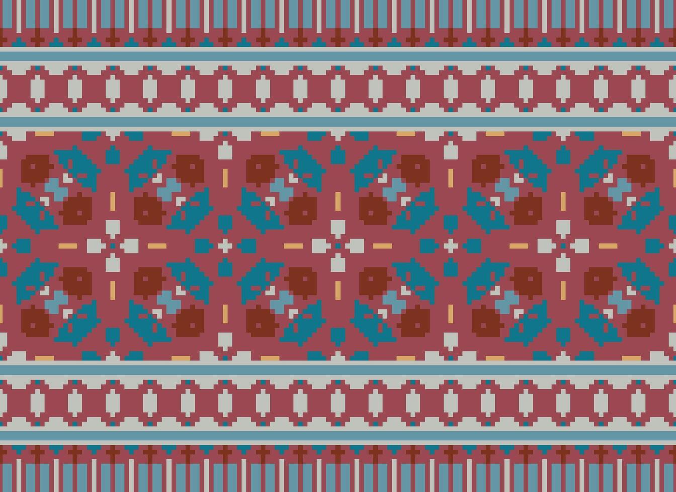 Pixel vintages cross stitch traditional ethnic pattern paisley flower Ikat background abstract Aztec African Indonesian Indian seamless pattern for fabric print cloth dress carpet curtains and sarong vector