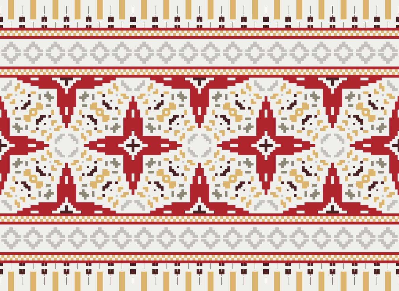 Pixel vintages cross stitch traditional ethnic pattern paisley flower Ikat background abstract Aztec African Indonesian Indian seamless pattern for fabric print cloth dress carpet curtains and sarong vector