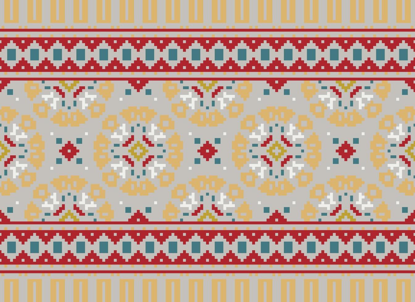 Pixel vintages cross stitch traditional ethnic pattern paisley flower Ikat background abstract Aztec African Indonesian Indian seamless pattern for fabric print cloth dress carpet curtains and sarong vector