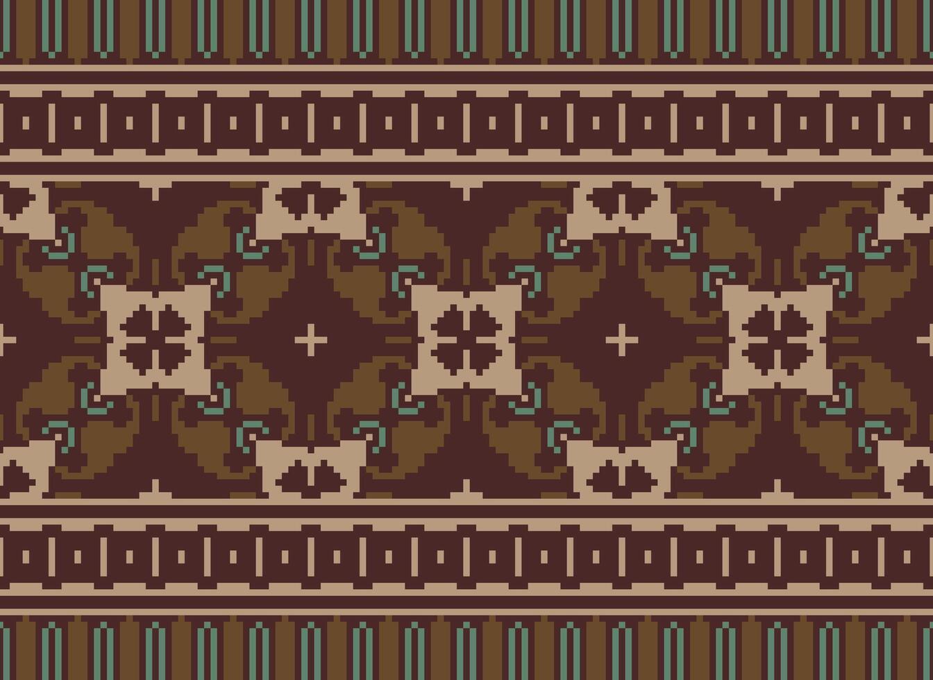 Pixel vintages cross stitch traditional ethnic pattern paisley flower Ikat background abstract Aztec African Indonesian Indian seamless pattern for fabric print cloth dress carpet curtains and sarong vector