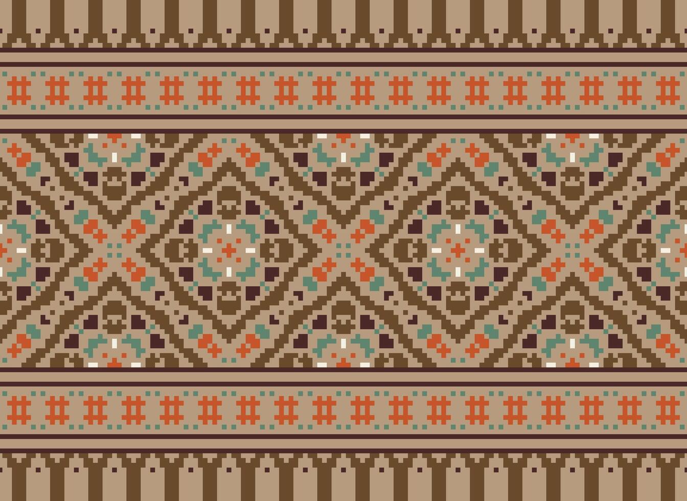 Pixel vintages cross stitch traditional ethnic pattern paisley flower Ikat background abstract Aztec African Indonesian Indian seamless pattern for fabric print cloth dress carpet curtains and sarong vector