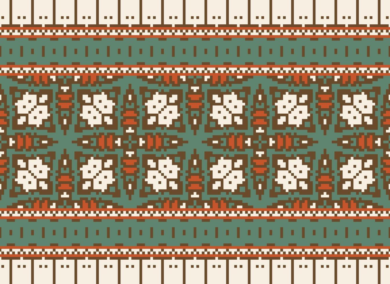 Pixel vintages cross stitch traditional ethnic pattern paisley flower Ikat background abstract Aztec African Indonesian Indian seamless pattern for fabric print cloth dress carpet curtains and sarong vector