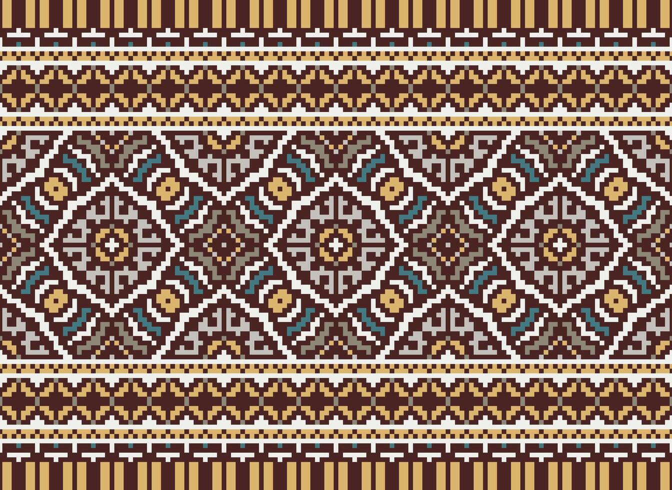 Pixel vintages cross stitch traditional ethnic pattern paisley flower Ikat background abstract Aztec African Indonesian Indian seamless pattern for fabric print cloth dress carpet curtains and sarong vector