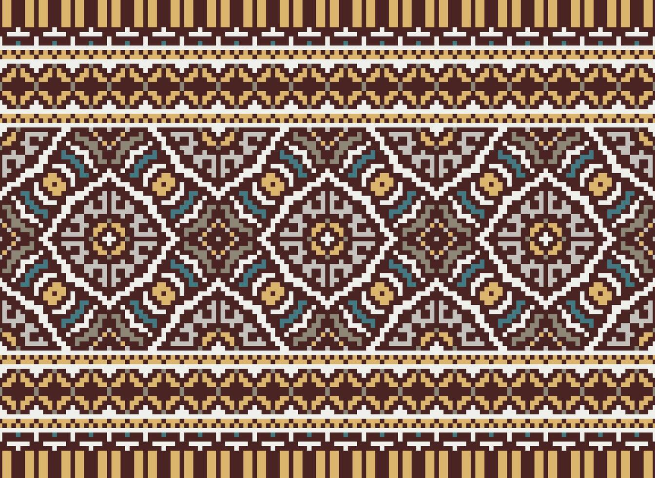 Pixel vintages cross stitch traditional ethnic pattern paisley flower Ikat background abstract Aztec African Indonesian Indian seamless pattern for fabric print cloth dress carpet curtains and sarong vector