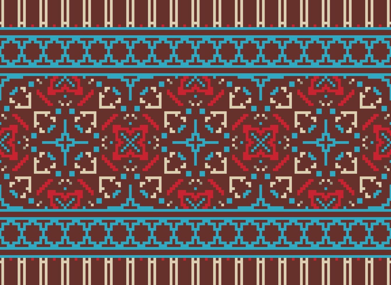 Pixel vintages cross stitch traditional ethnic pattern paisley flower Ikat background abstract Aztec African Indonesian Indian seamless pattern for fabric print cloth dress carpet curtains and sarong vector