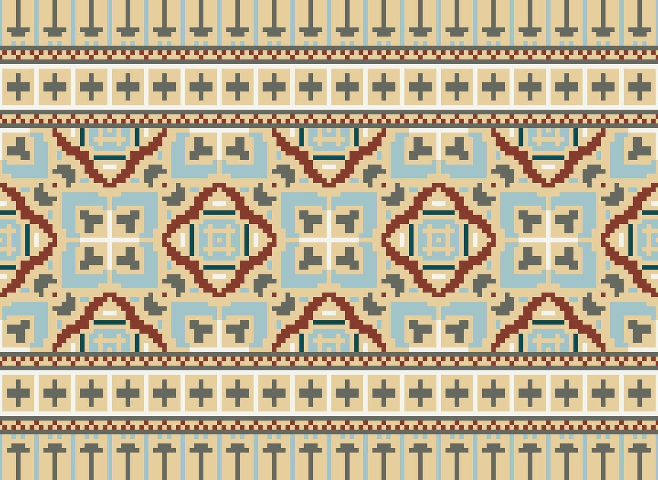 Pixel vintages cross stitch traditional ethnic pattern paisley flower Ikat background abstract Aztec African Indonesian Indian seamless pattern for fabric print cloth dress carpet curtains and sarong vector