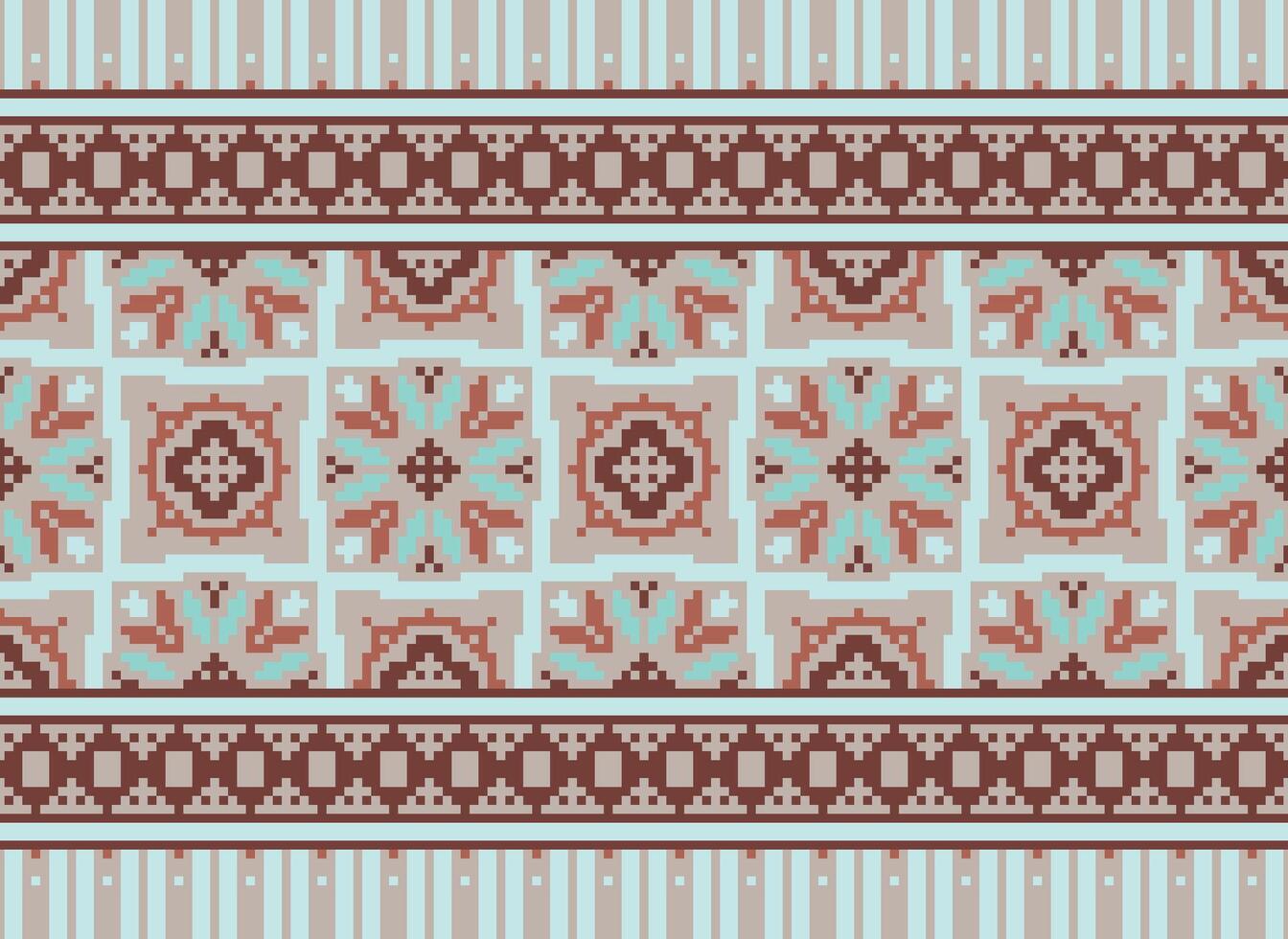 Pixel vintages cross stitch traditional ethnic pattern paisley flower Ikat background abstract Aztec African Indonesian Indian seamless pattern for fabric print cloth dress carpet curtains and sarong vector