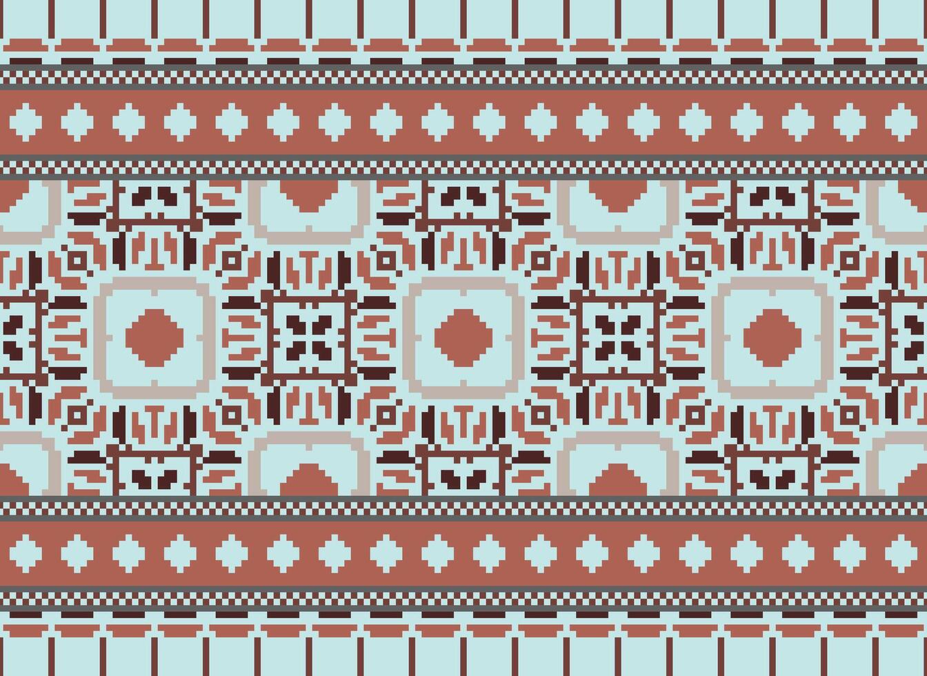 Pixel vintages cross stitch traditional ethnic pattern paisley flower Ikat background abstract Aztec African Indonesian Indian seamless pattern for fabric print cloth dress carpet curtains and sarong vector
