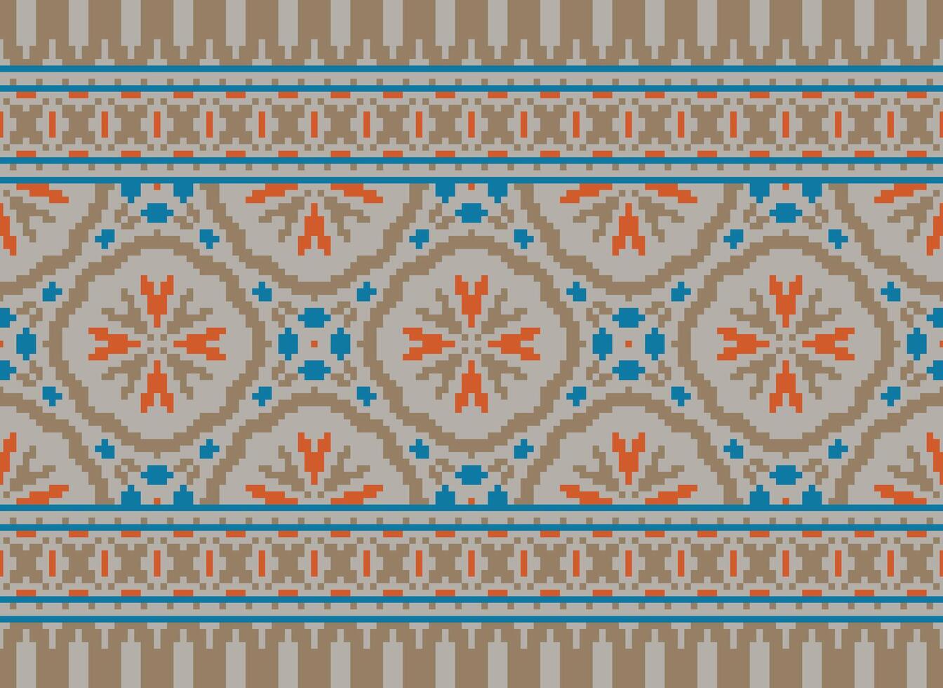 Pixel vintages cross stitch traditional ethnic pattern paisley flower Ikat background abstract Aztec African Indonesian Indian seamless pattern for fabric print cloth dress carpet curtains and sarong vector