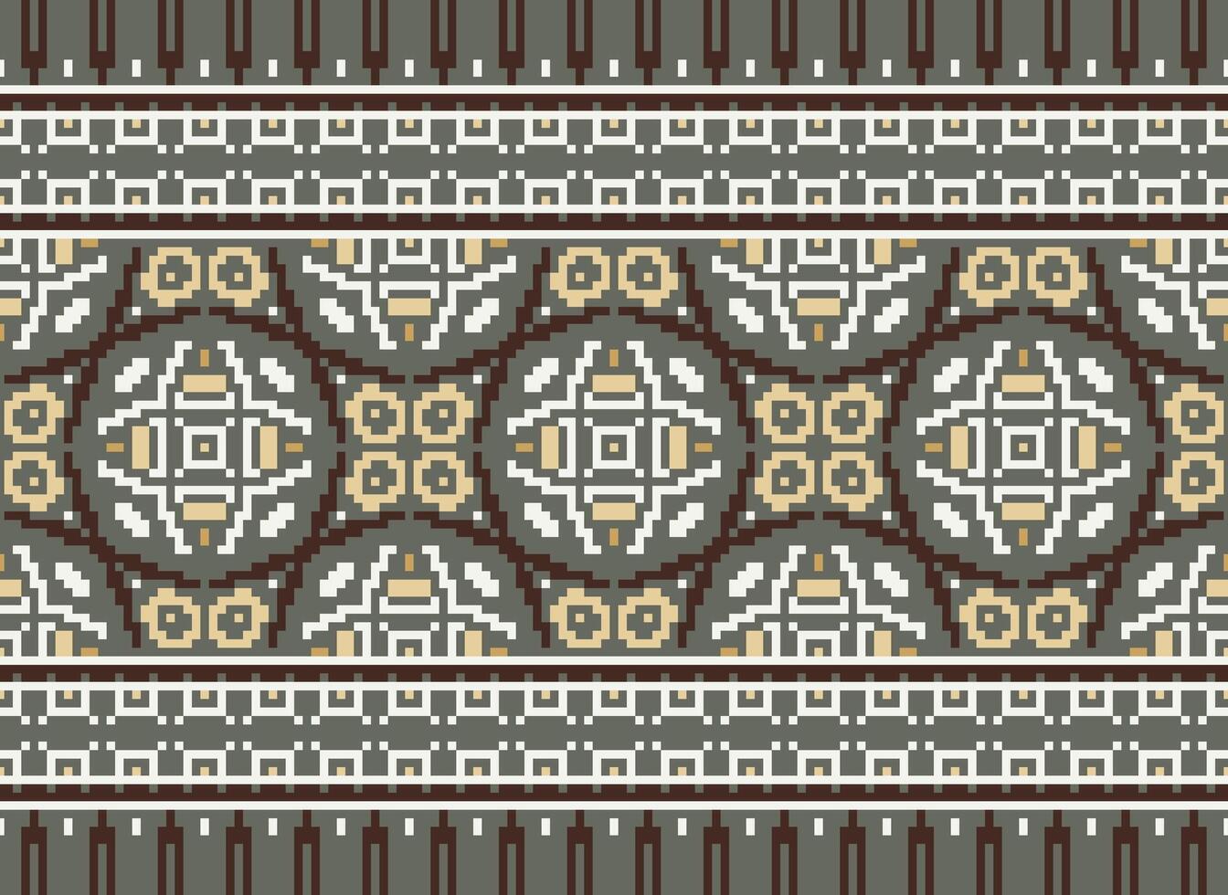 Pixel vintages cross stitch traditional ethnic pattern paisley flower Ikat background abstract Aztec African Indonesian Indian seamless pattern for fabric print cloth dress carpet curtains and sarong vector