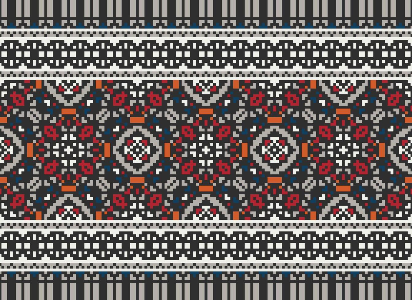 Pixel vintages cross stitch traditional ethnic pattern paisley flower Ikat background abstract Aztec African Indonesian Indian seamless pattern for fabric print cloth dress carpet curtains and sarong vector