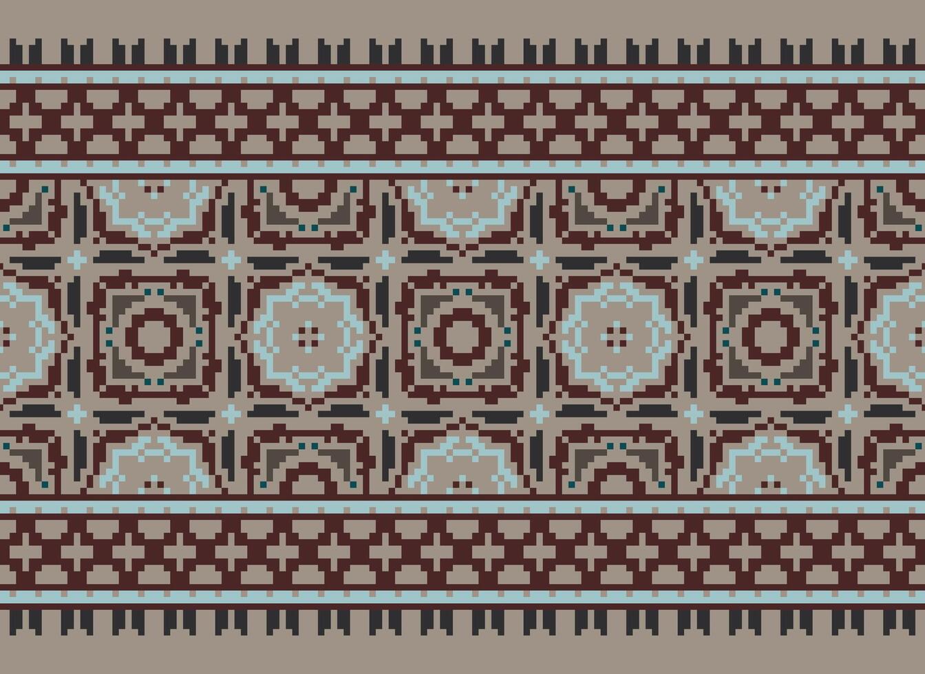 Pixel cross stitch traditional ethnic pattern paisley flower Ikat background abstract Aztec African Indonesian Indian seamless pattern for fabric print cloth dress carpet curtains and sarong vector