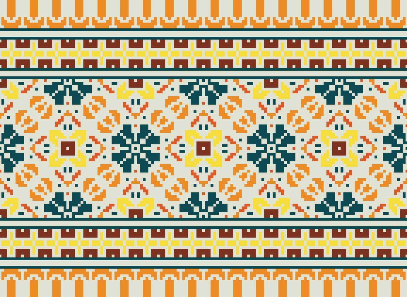 Pixel cross stitch traditional ethnic pattern paisley flower Ikat background abstract Aztec African Indonesian Indian seamless pattern for fabric print cloth dress carpet curtains and sarong vector