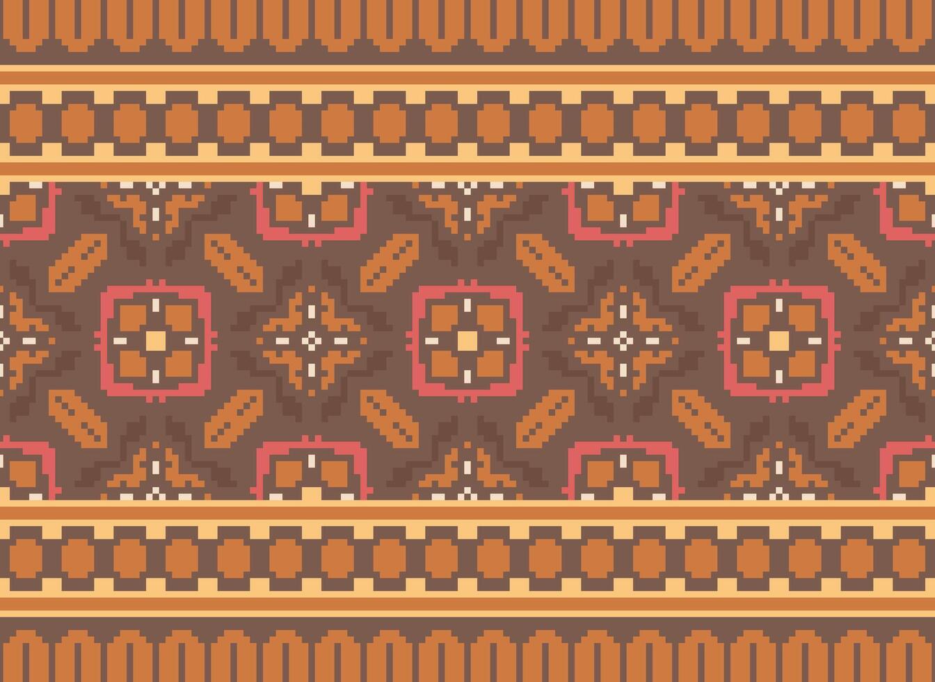 Pixel cross stitch traditional ethnic pattern paisley flower Ikat background abstract Aztec African Indonesian Indian seamless pattern for fabric print cloth dress carpet curtains and sarong vector