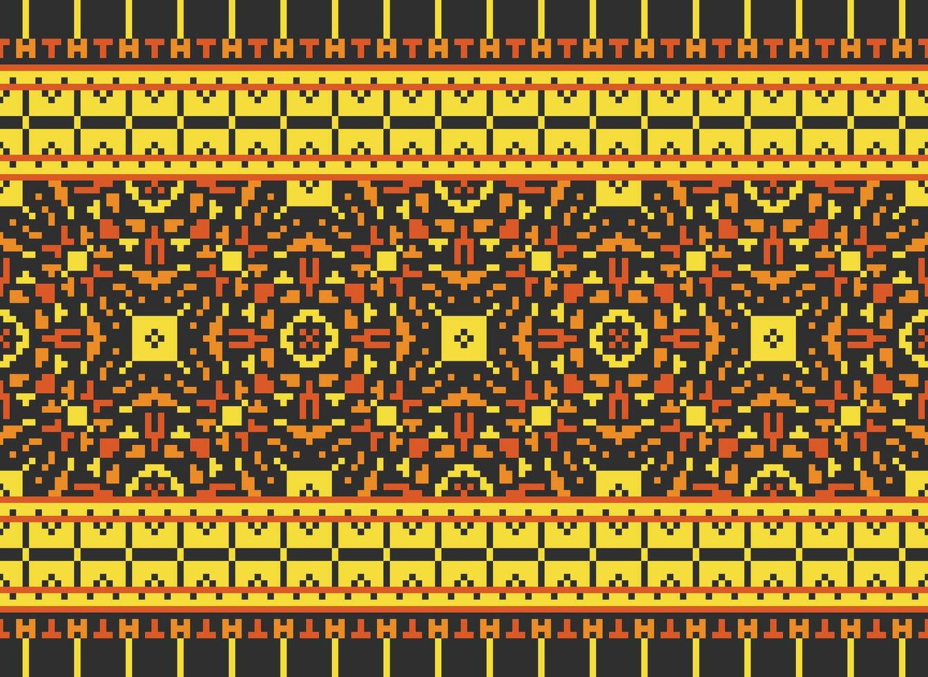 Pixel cross stitch traditional ethnic pattern paisley flower Ikat background abstract Aztec African Indonesian Indian seamless pattern for fabric print cloth dress carpet curtains and sarong vector