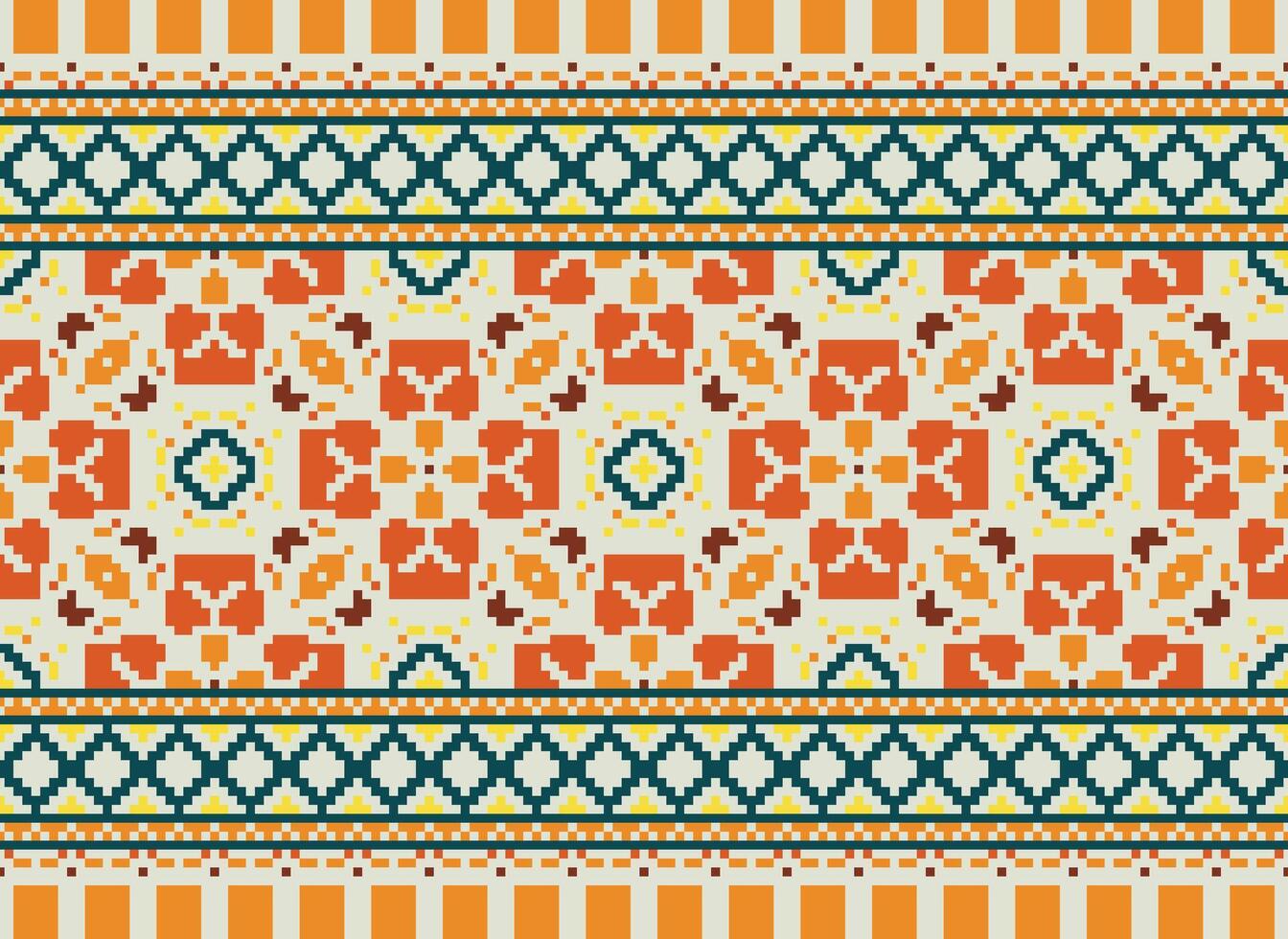 Pixel cross stitch traditional ethnic pattern paisley flower Ikat background abstract Aztec African Indonesian Indian seamless pattern for fabric print cloth dress carpet curtains and sarong vector