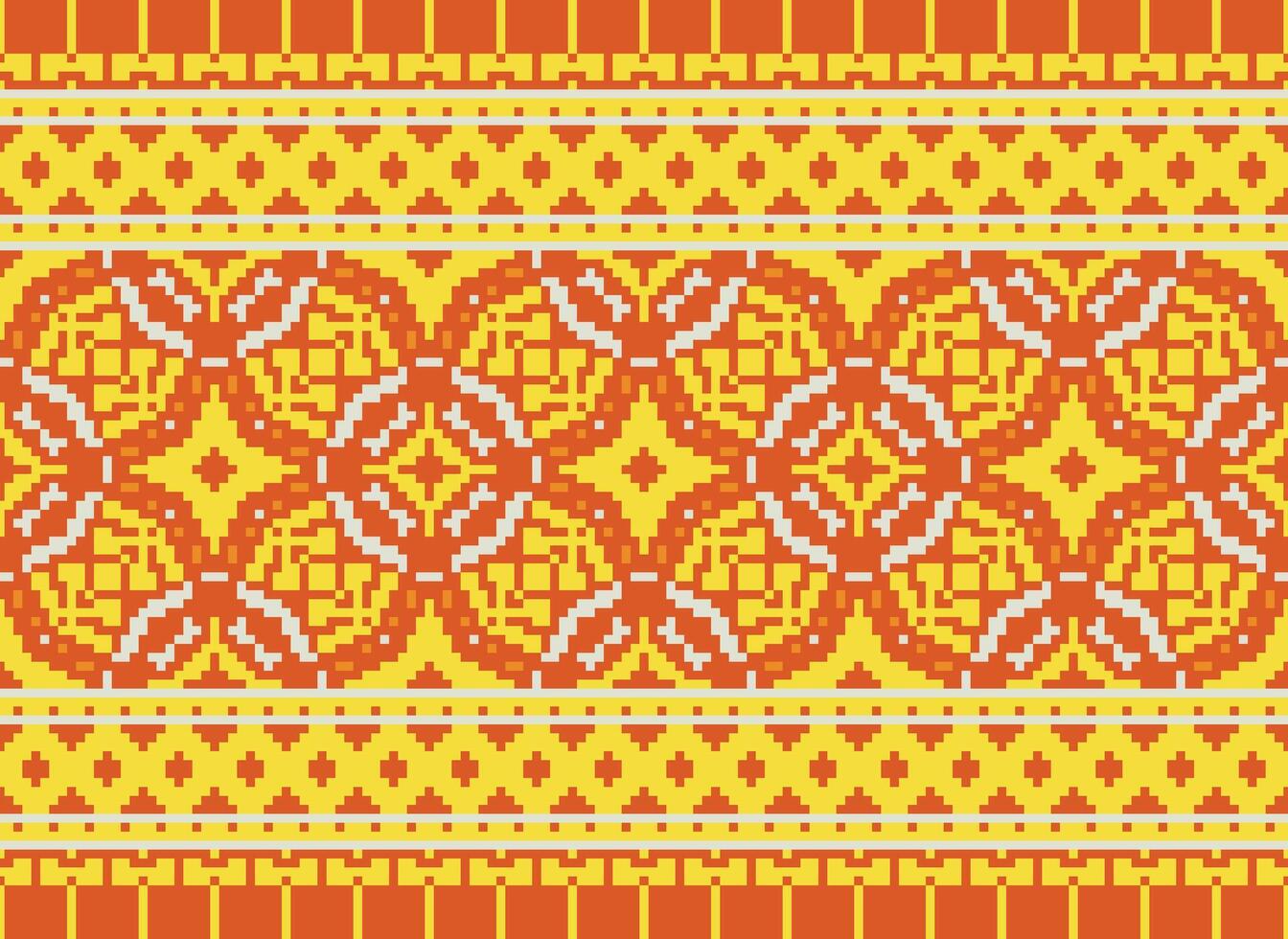 Pixel cross stitch traditional ethnic pattern paisley flower Ikat background abstract Aztec African Indonesian Indian seamless pattern for fabric print cloth dress carpet curtains and sarong vector