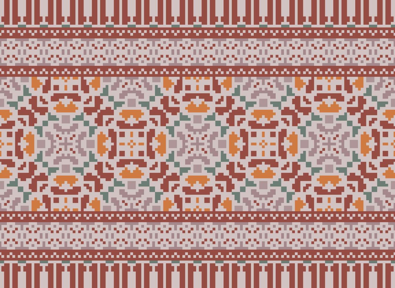 Pixel cross stitch traditional ethnic pattern paisley flower Ikat background abstract Aztec African Indonesian Indian seamless pattern for fabric print cloth dress carpet curtains and sarong vector