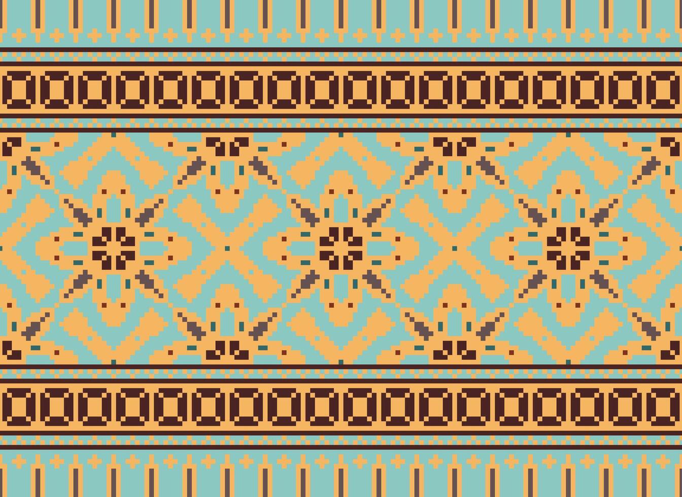 Pixel cross stitch traditional ethnic pattern paisley flower Ikat background abstract Aztec African Indonesian Indian seamless pattern for fabric print cloth dress carpet curtains and sarong vector
