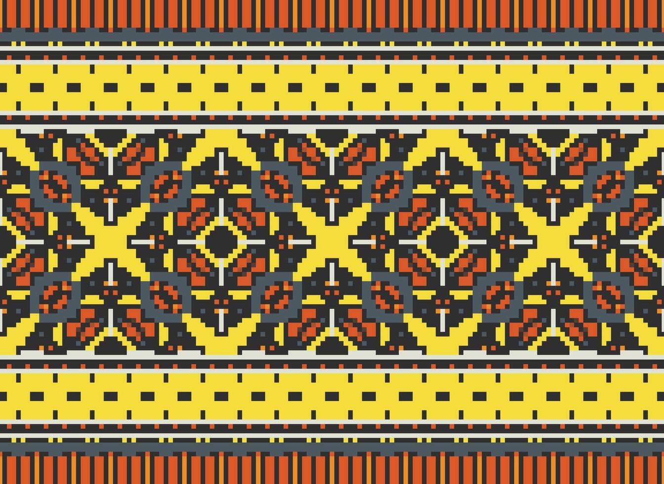 Pixel cross stitch traditional ethnic pattern paisley flower Ikat background abstract Aztec African Indonesian Indian seamless pattern for fabric print cloth dress carpet curtains and sarong vector
