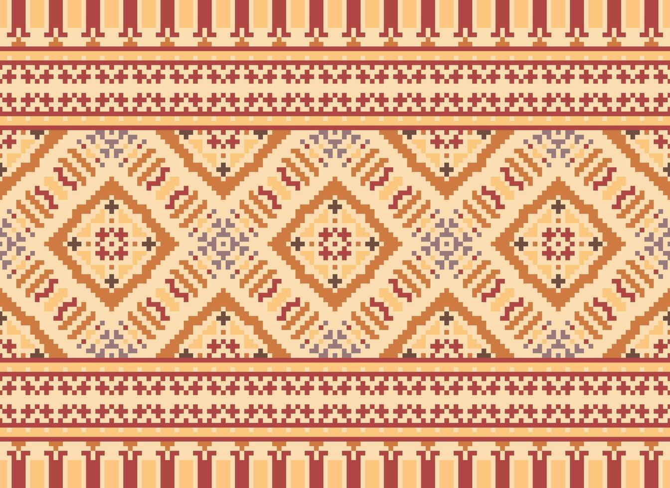 Pixel cross stitch traditional ethnic pattern paisley flower Ikat background abstract Aztec African Indonesian Indian seamless pattern for fabric print cloth dress carpet curtains and sarong vector