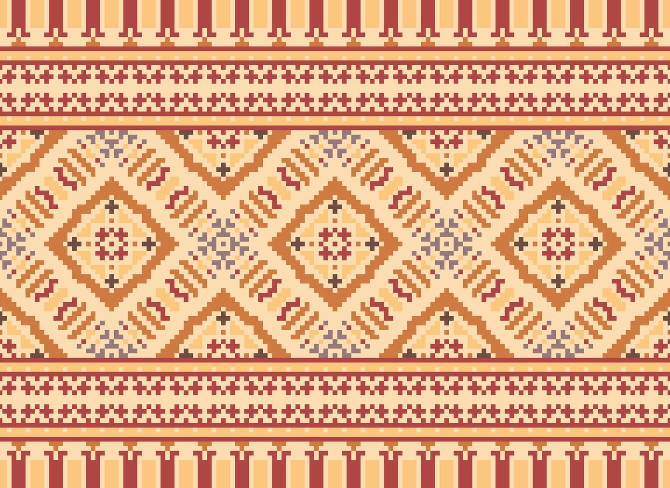 Pixel cross stitch traditional ethnic pattern paisley flower Ikat background abstract Aztec African Indonesian Indian seamless pattern for fabric print cloth dress carpet curtains and sarong vector