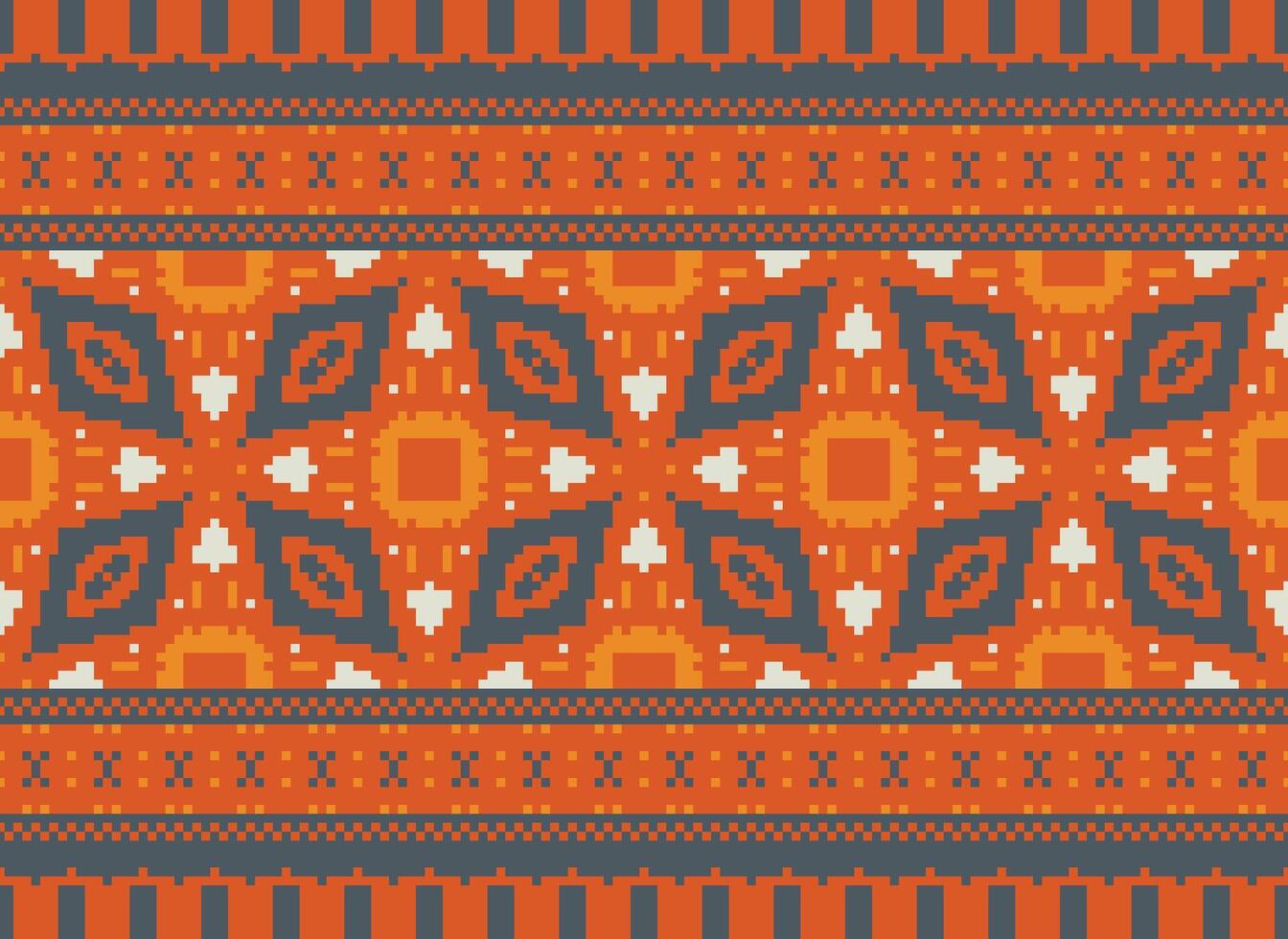 Pixel cross stitch traditional ethnic pattern paisley flower Ikat background abstract Aztec African Indonesian Indian seamless pattern for fabric print cloth dress carpet curtains and sarong vector