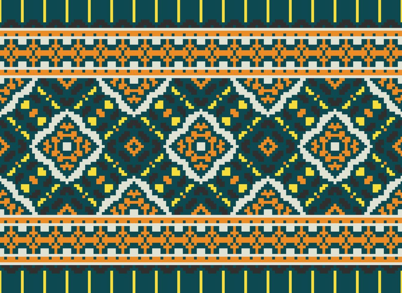 Pixel cross stitch traditional ethnic pattern paisley flower Ikat background abstract Aztec African Indonesian Indian seamless pattern for fabric print cloth dress carpet curtains and sarong vector