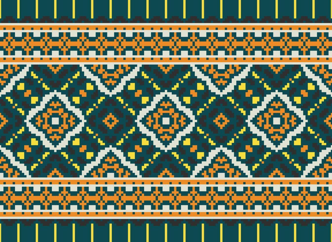 Pixel cross stitch traditional ethnic pattern paisley flower Ikat background abstract Aztec African Indonesian Indian seamless pattern for fabric print cloth dress carpet curtains and sarong vector