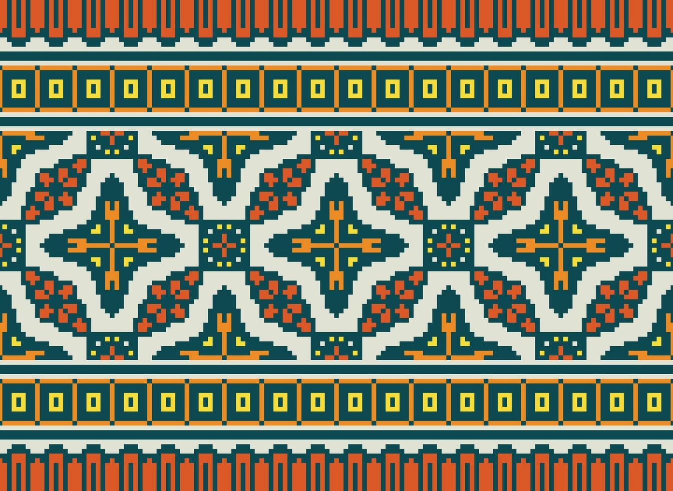 Pixel cross stitch traditional ethnic pattern paisley flower Ikat background abstract Aztec African Indonesian Indian seamless pattern for fabric print cloth dress carpet curtains and sarong vector