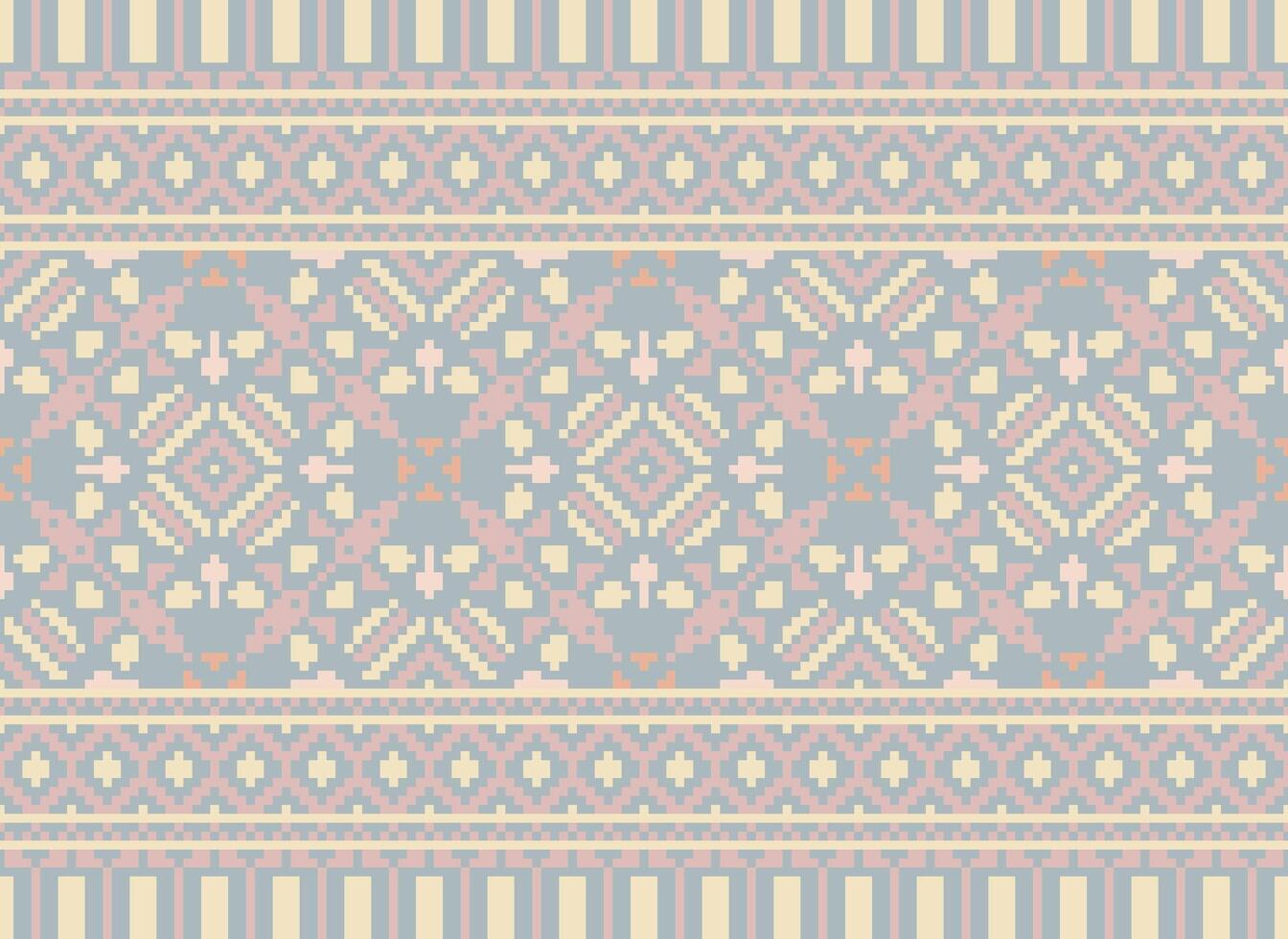 Pixel cross stitch traditional ethnic pattern paisley flower Ikat background abstract Aztec African Indonesian Indian seamless pattern for fabric print cloth dress carpet curtains and sarong vector