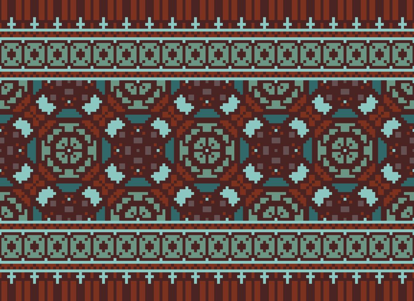 Pixel cross stitch traditional ethnic pattern paisley flower Ikat background abstract Aztec African Indonesian Indian seamless pattern for fabric print cloth dress carpet curtains and sarong vector