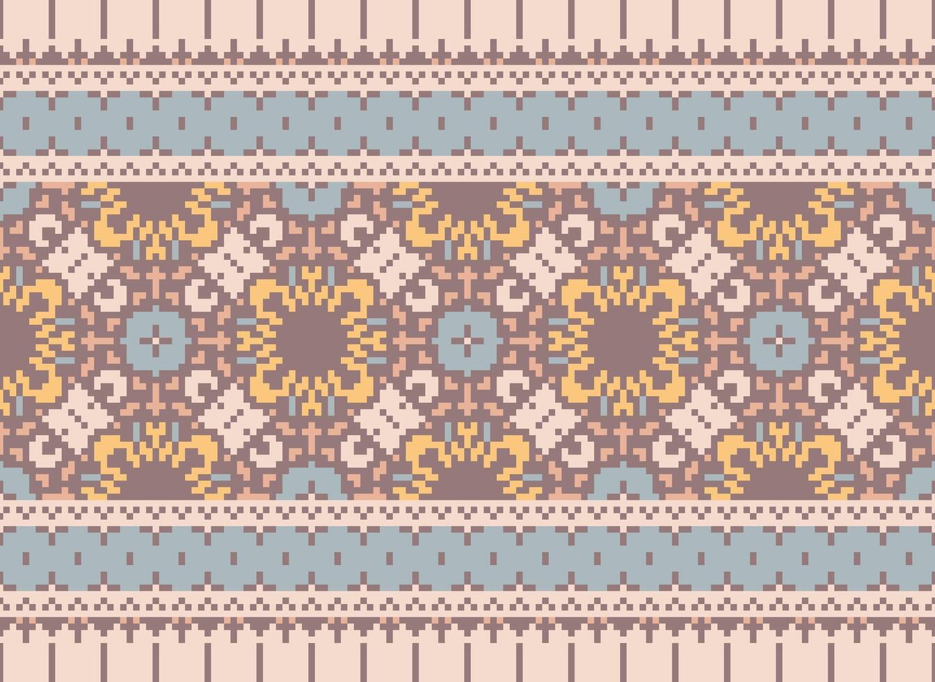 Pixel cross stitch traditional ethnic pattern paisley flower Ikat background abstract Aztec African Indonesian Indian seamless pattern for fabric print cloth dress carpet curtains and sarong vector