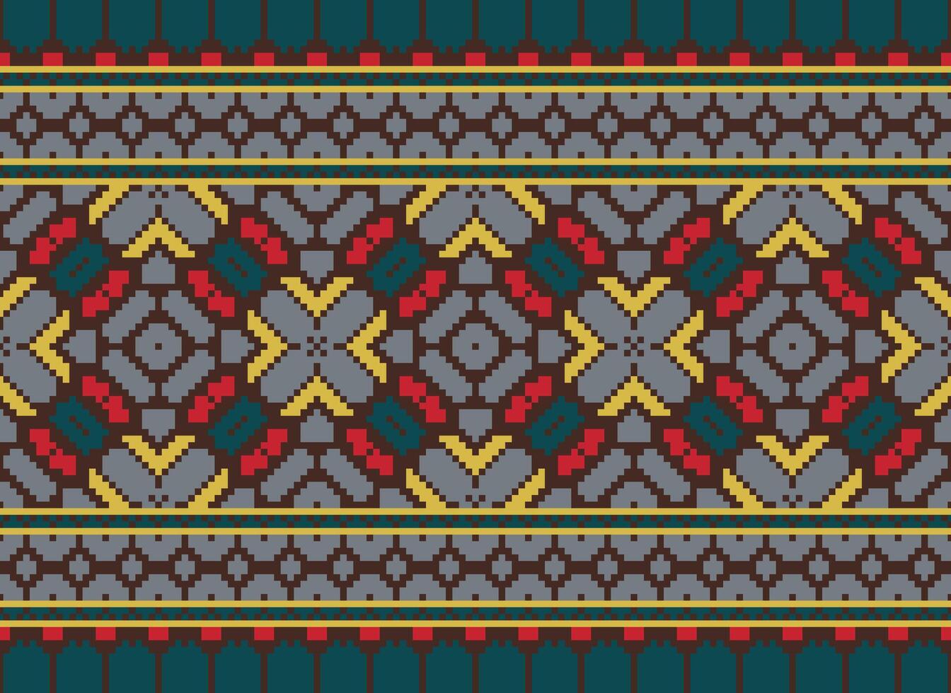 Pixel cross stitch traditional ethnic pattern paisley flower Ikat background abstract Aztec African Indonesian Indian seamless pattern for fabric print cloth dress carpet curtains and sarong vector