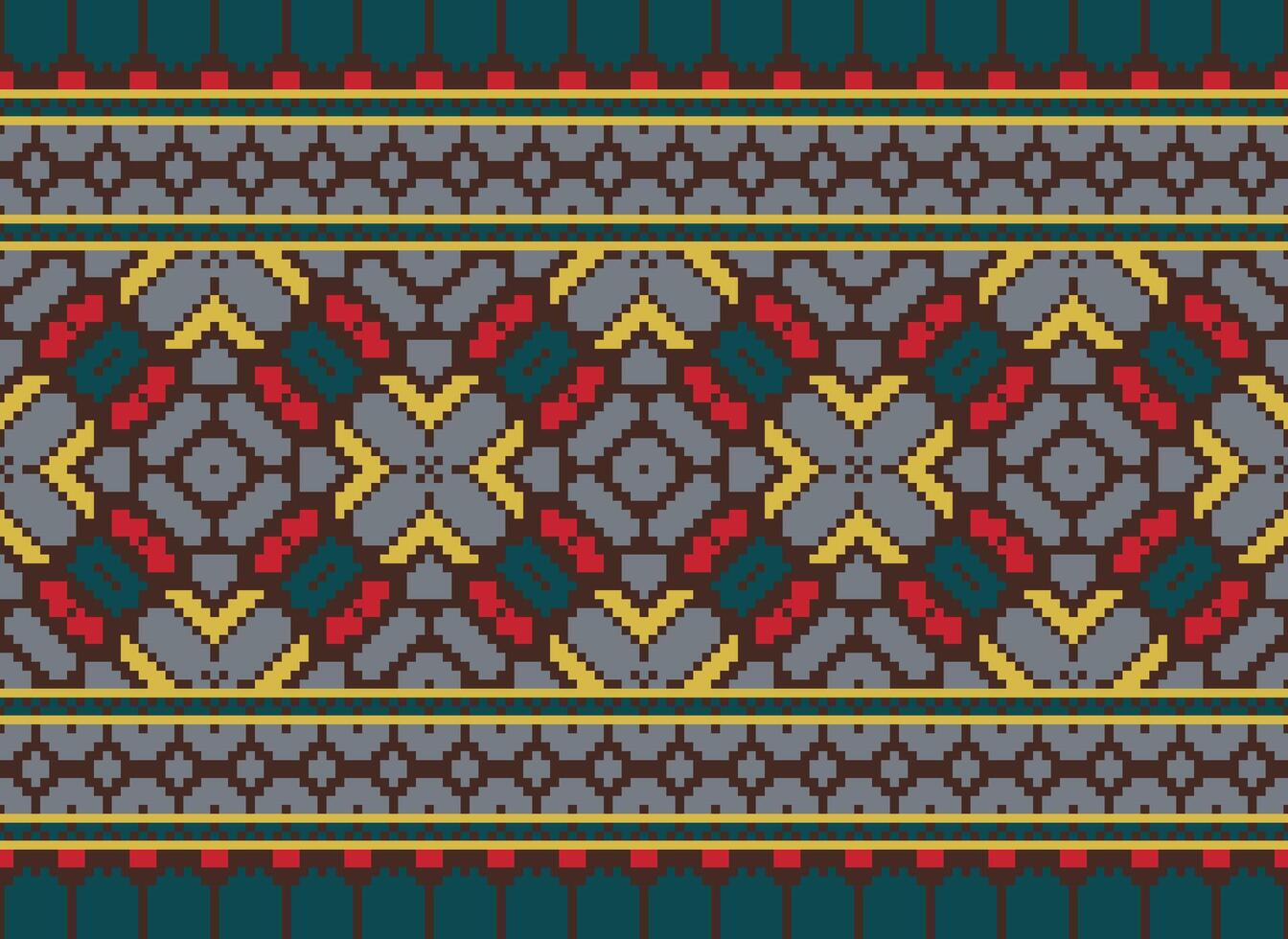 Pixel cross stitch traditional ethnic pattern paisley flower Ikat background abstract Aztec African Indonesian Indian seamless pattern for fabric print cloth dress carpet curtains and sarong vector