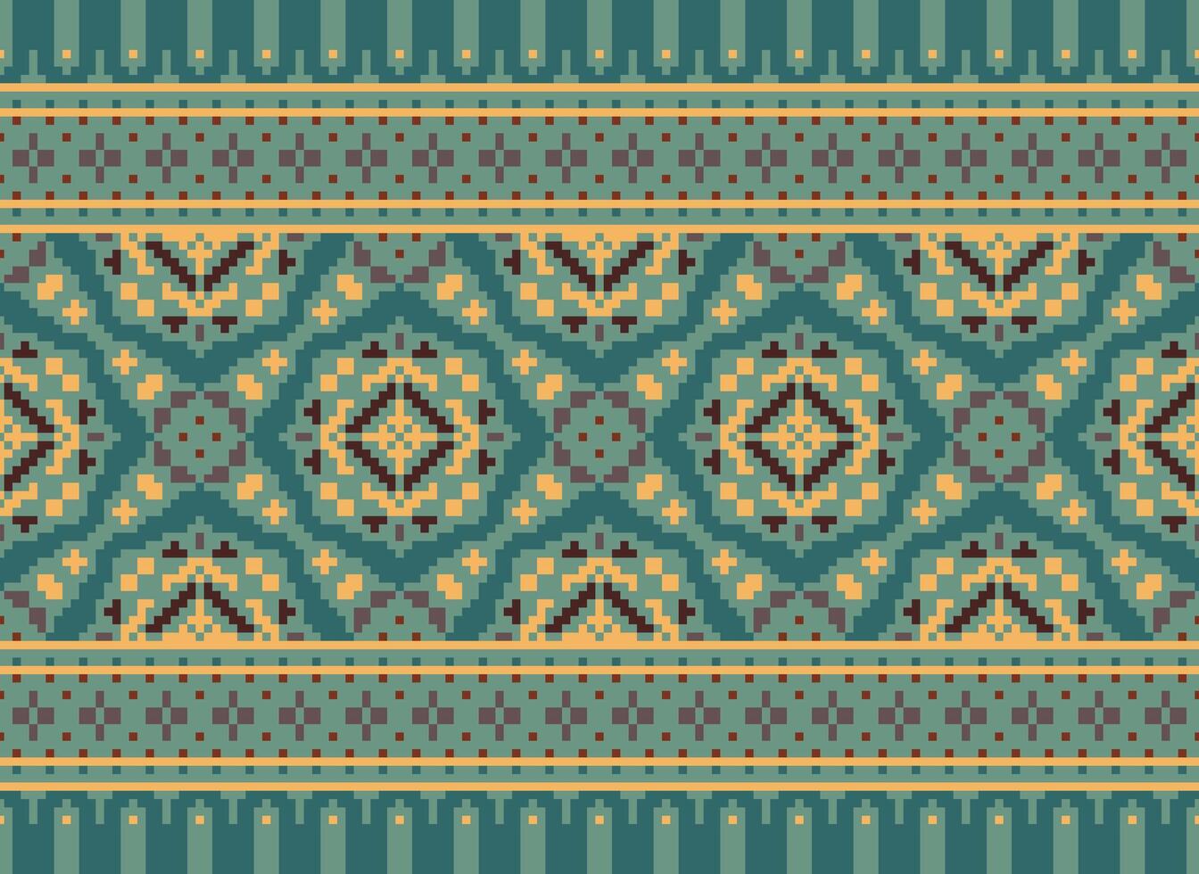 Pixel cross stitch traditional ethnic pattern paisley flower Ikat background abstract Aztec African Indonesian Indian seamless pattern for fabric print cloth dress carpet curtains and sarong vector