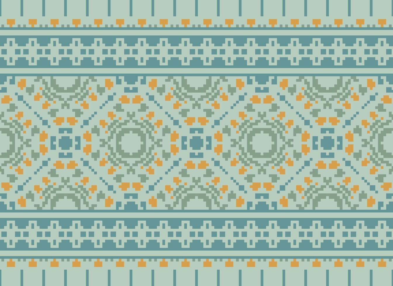 Pixel cross stitch traditional ethnic pattern paisley flower Ikat background abstract Aztec African Indonesian Indian seamless pattern for fabric print cloth dress carpet curtains and sarong vector