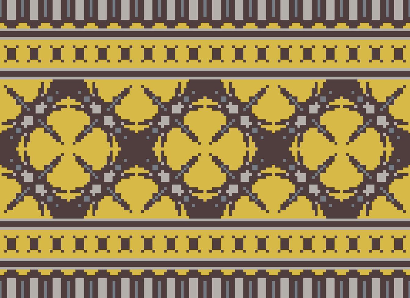 Pixel cross stitch traditional ethnic pattern paisley flower Ikat background abstract Aztec African Indonesian Indian seamless pattern for fabric print cloth dress carpet curtains and sarong vector