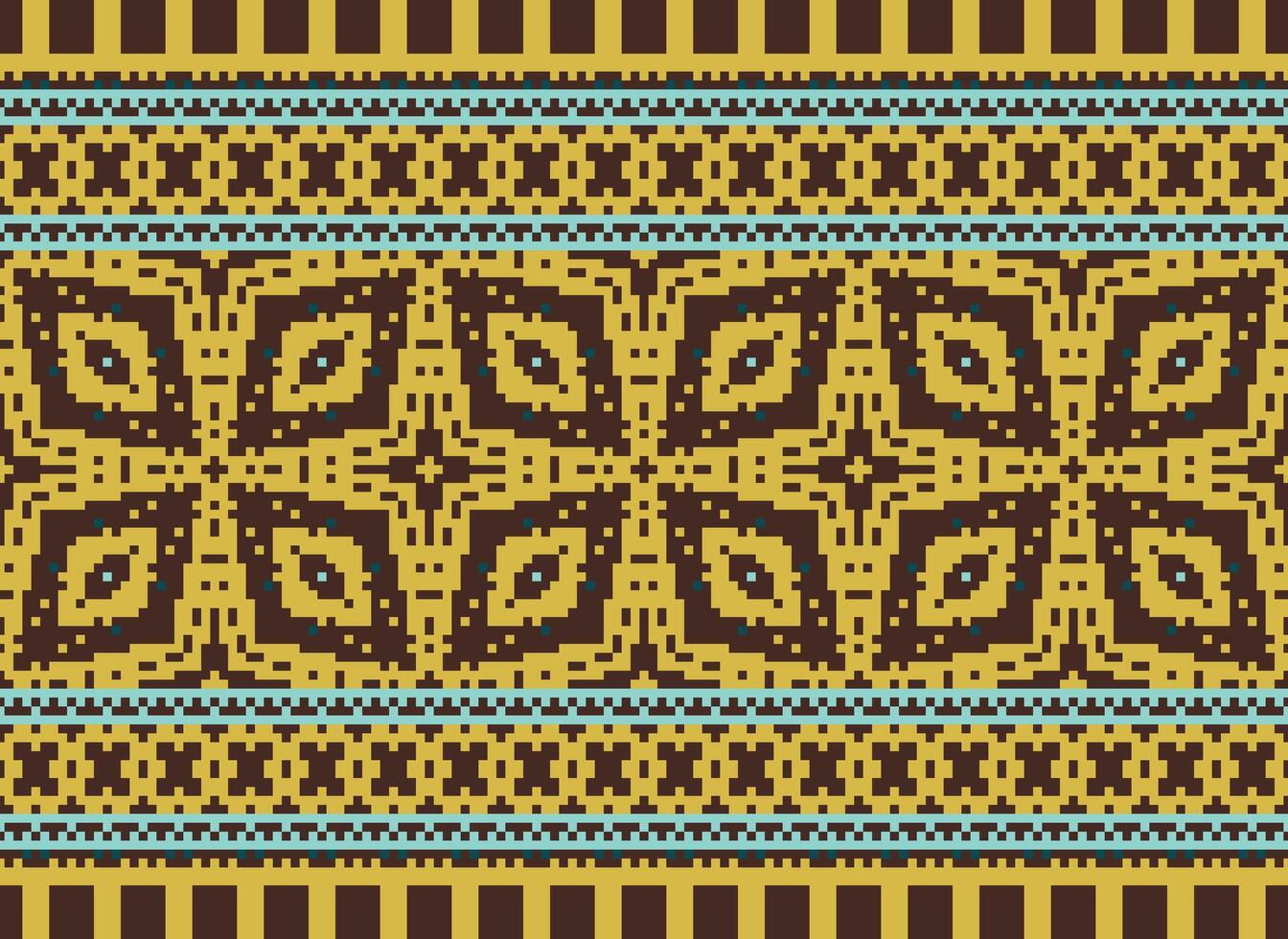 Pixel cross stitch traditional ethnic pattern paisley flower Ikat background abstract Aztec African Indonesian Indian seamless pattern for fabric print cloth dress carpet curtains and sarong vector