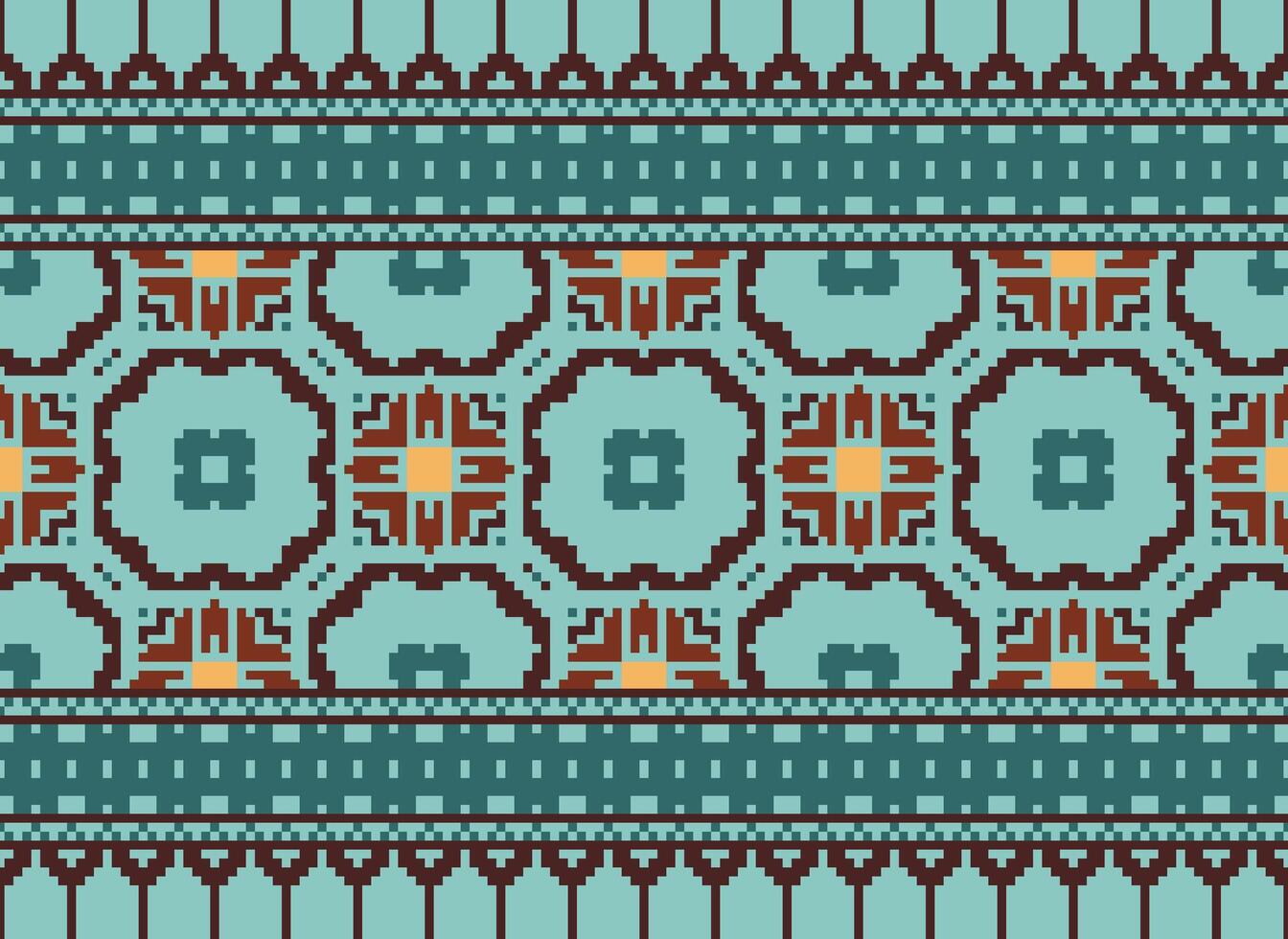 Pixel cross stitch traditional ethnic pattern paisley flower Ikat background abstract Aztec African Indonesian Indian seamless pattern for fabric print cloth dress carpet curtains and sarong vector
