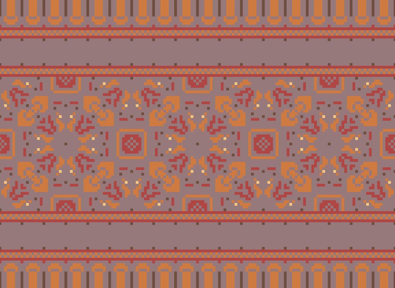 Pixel cross stitch traditional ethnic pattern paisley flower Ikat background abstract Aztec African Indonesian Indian seamless pattern for fabric print cloth dress carpet curtains and sarong vector