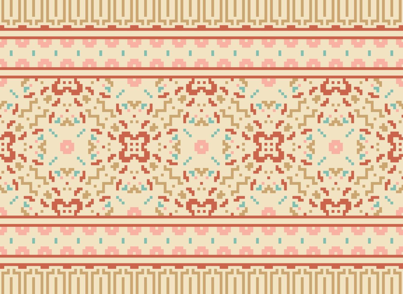 Pixel cross stitch traditional ethnic pattern paisley flower Ikat background abstract Aztec African Indonesian Indian seamless pattern for fabric print cloth dress carpet curtains and sarong vector
