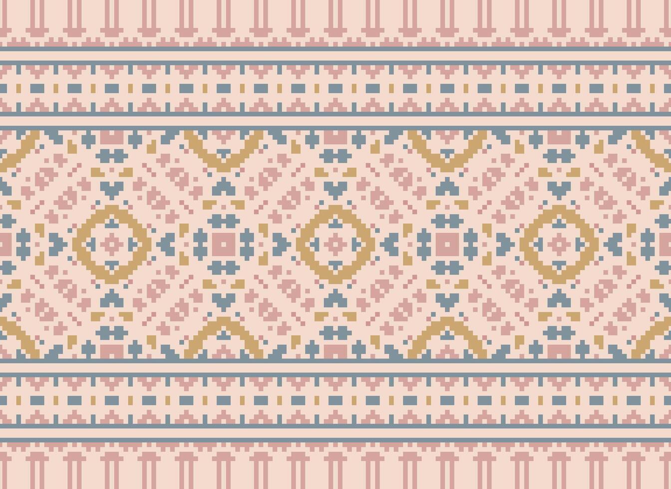 Pixel cross stitch traditional ethnic pattern paisley flower Ikat background abstract Aztec African Indonesian Indian seamless pattern for fabric print cloth dress carpet curtains and sarong vector