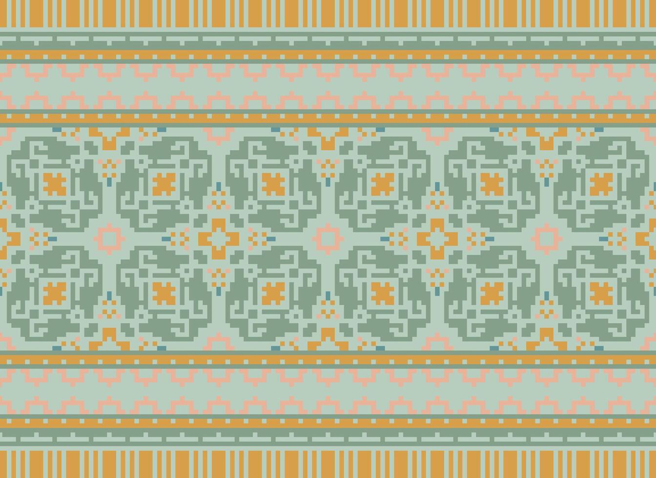Pixel cross stitch traditional ethnic pattern paisley flower Ikat background abstract Aztec African Indonesian Indian seamless pattern for fabric print cloth dress carpet curtains and sarong vector