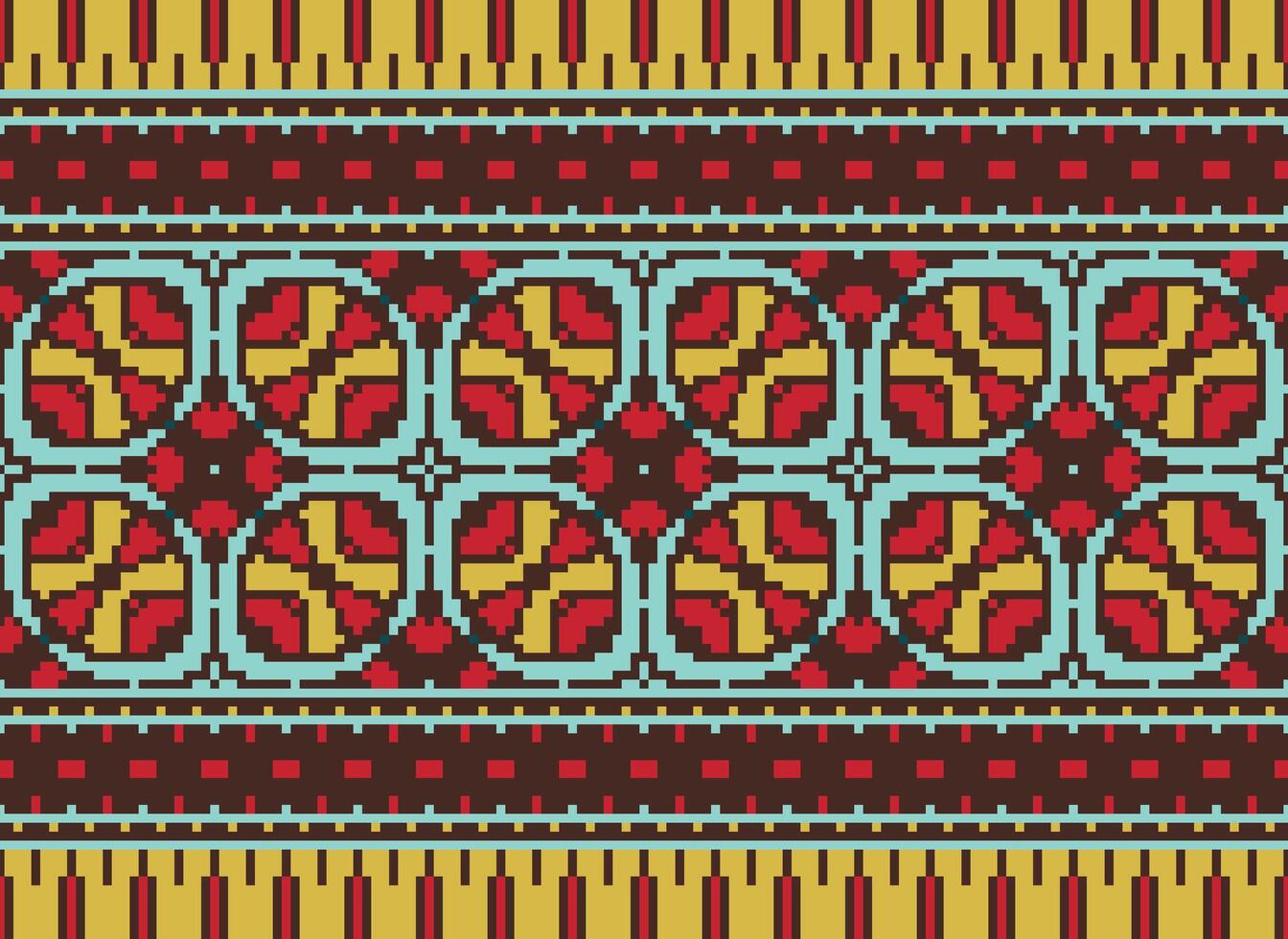 Pixel cross stitch traditional ethnic pattern paisley flower Ikat background abstract Aztec African Indonesian Indian seamless pattern for fabric print cloth dress carpet curtains and sarong vector