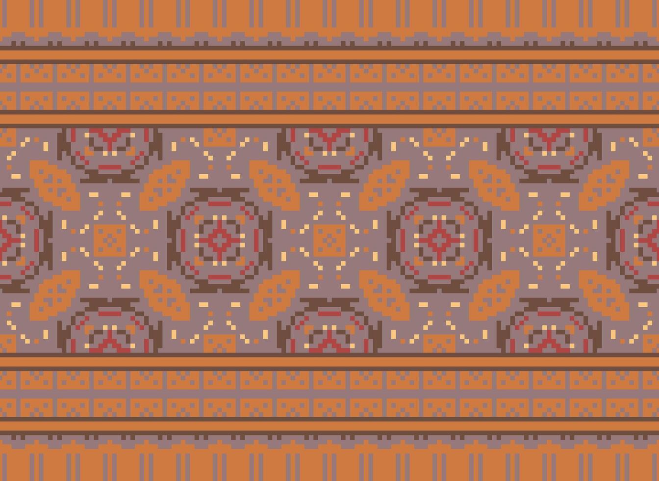 Pixel cross stitch traditional ethnic pattern paisley flower Ikat background abstract Aztec African Indonesian Indian seamless pattern for fabric print cloth dress carpet curtains and sarong vector