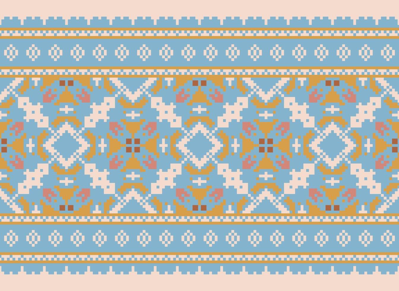 Pixel cross stitch traditional ethnic pattern paisley flower Ikat background abstract Aztec African Indonesian Indian seamless pattern for fabric print cloth dress carpet curtains and sarong vector