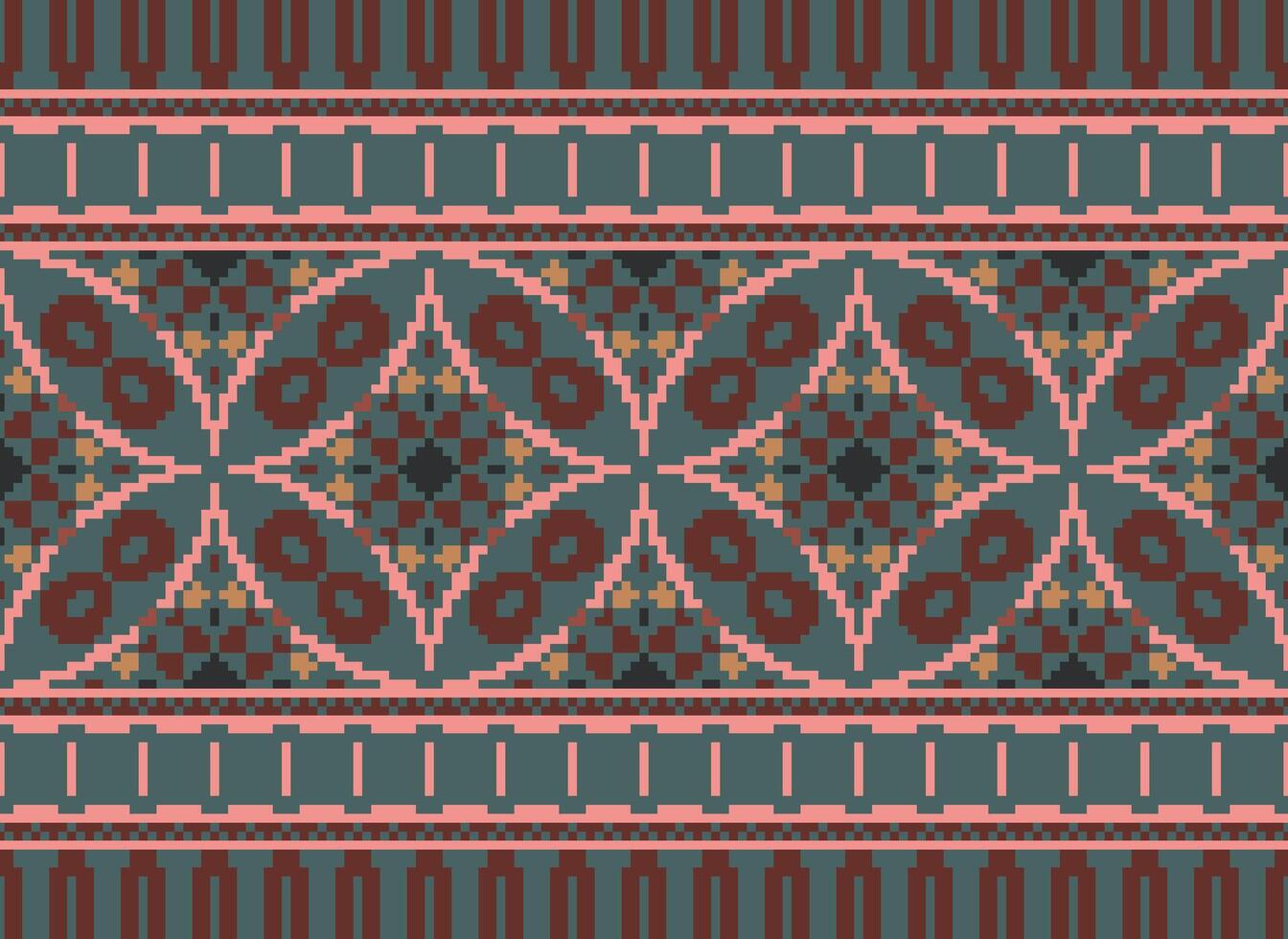Pixel cross stitch traditional ethnic pattern paisley flower Ikat background abstract Aztec African Indonesian Indian seamless pattern for fabric print cloth dress carpet curtains and sarong vector