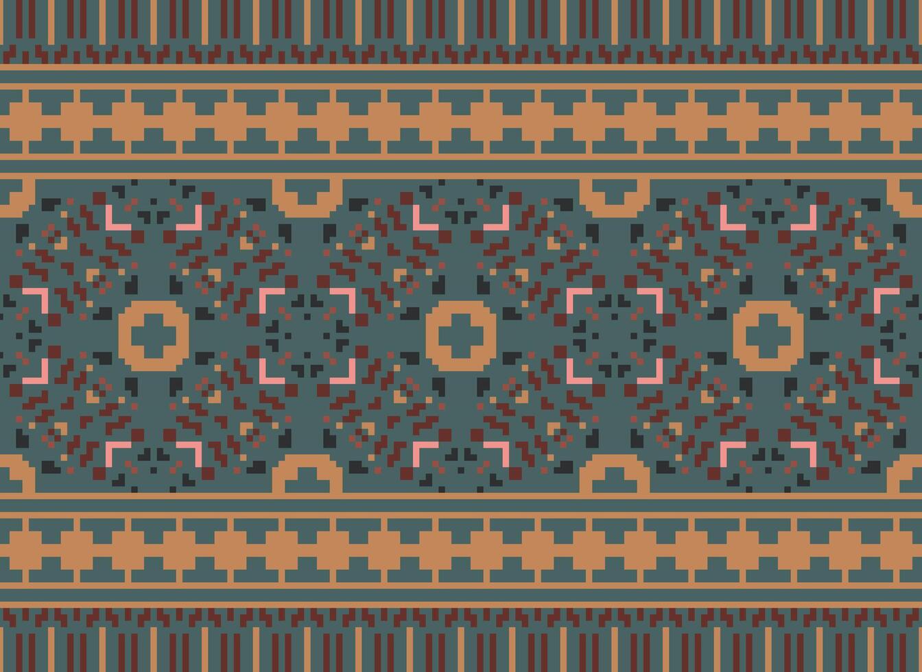 Pixel cross stitch traditional ethnic pattern paisley flower Ikat background abstract Aztec African Indonesian Indian seamless pattern for fabric print cloth dress carpet curtains and sarong vector